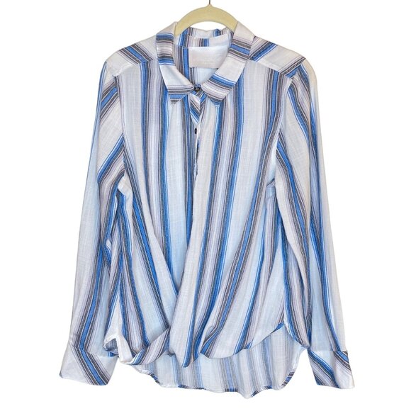 Vacate the Label Tops - Vacate the Label Striped Faux Wrap Long Sleeve Shirt, M
